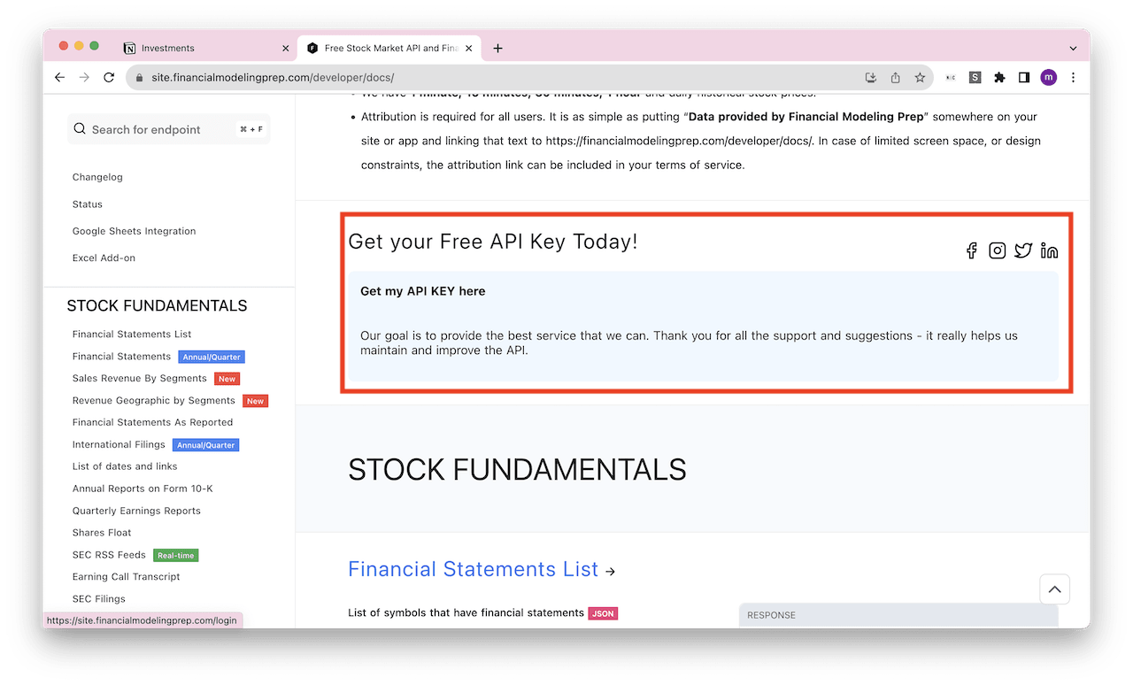 Stocks free API get key