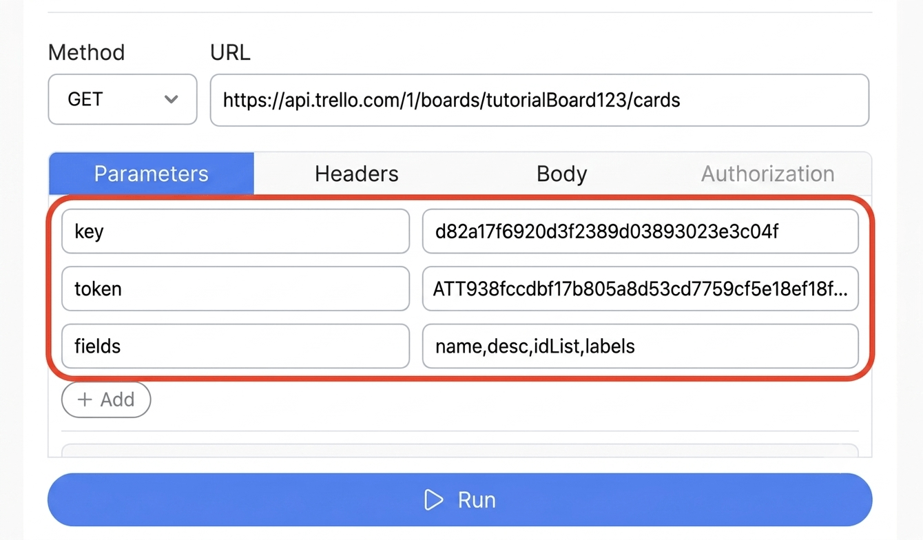 Get your Trello API key and token, then create your request - Note API Connector screenshot