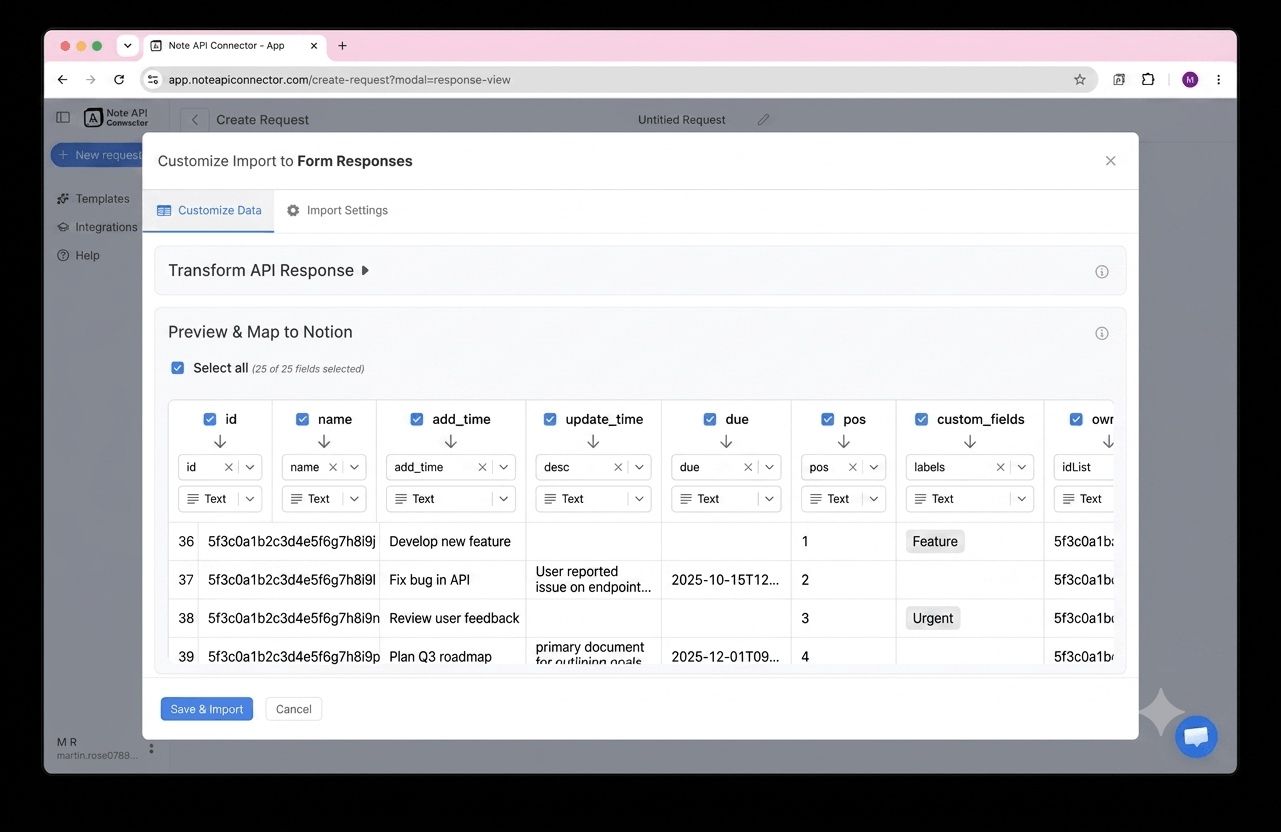 Choose your data and map fields - Note API Connector screenshot
