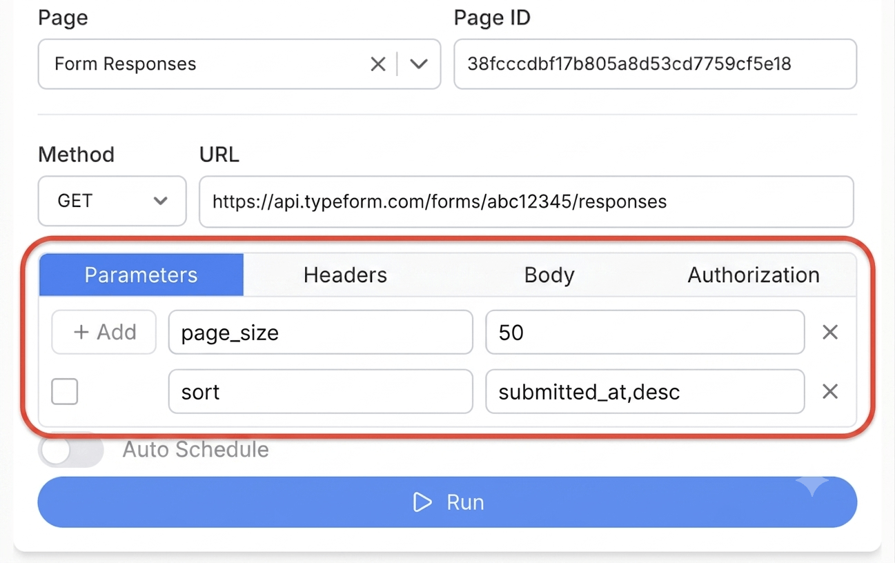 Generate a Typeform Personal Access Token and create your request - Note API Connector screenshot