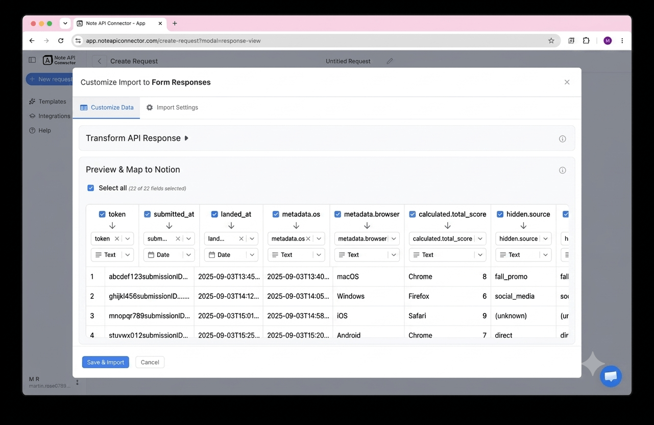 Choose your data and map fields - Note API Connector screenshot