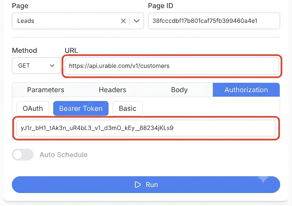 Get your Urable API key and connect - Note API Connector screenshot