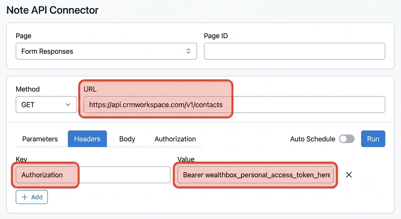 Get your Wealthbox access token and create your request - Note API Connector screenshot