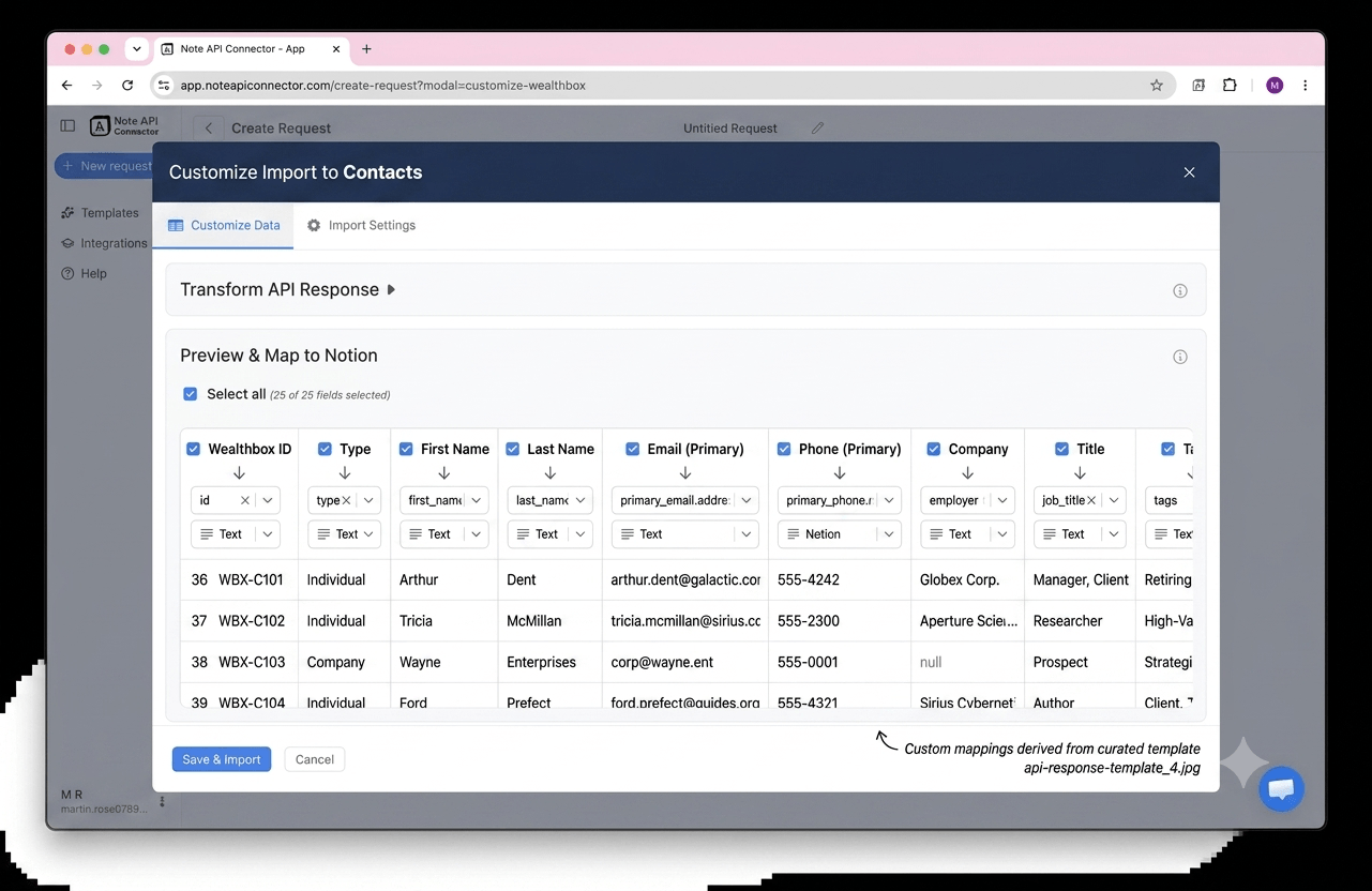 Choose your data and map fields - Note API Connector screenshot