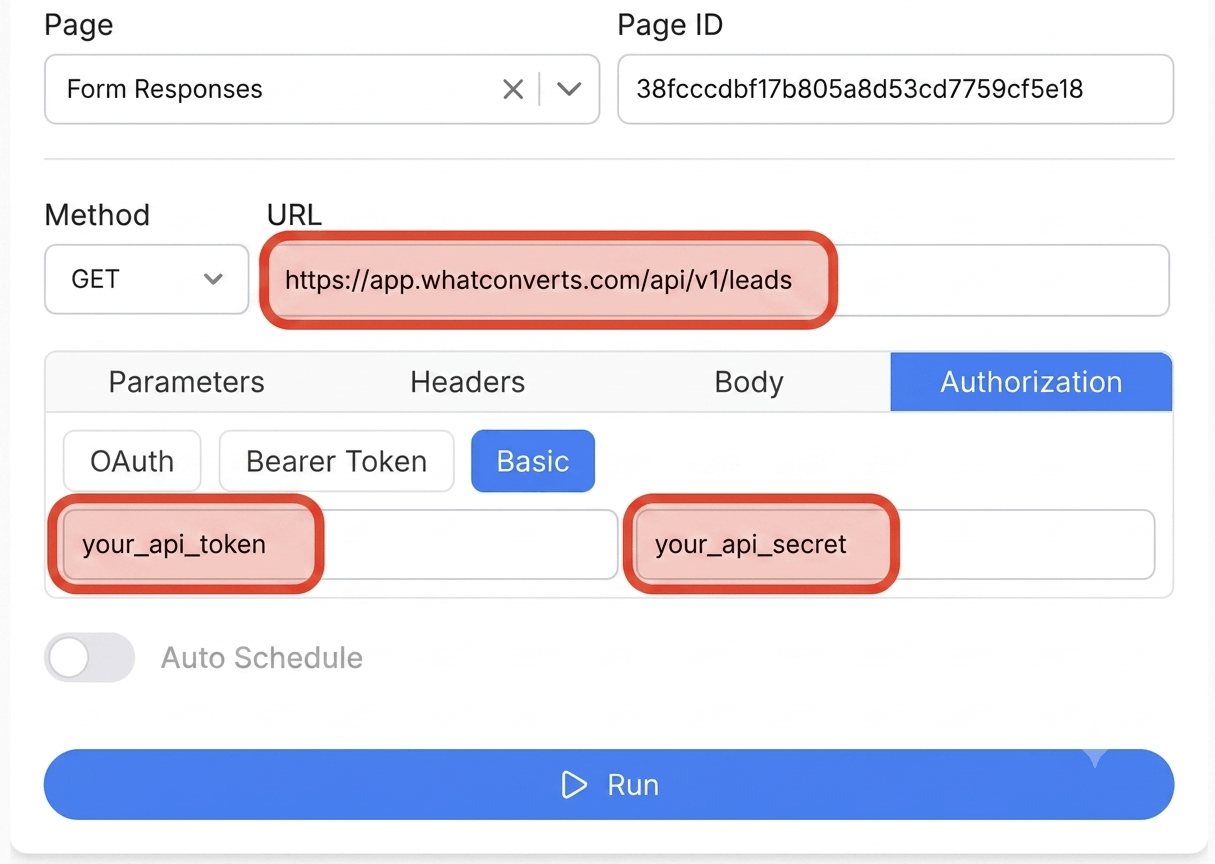 Get your WhatConverts API key and create your request - Note API Connector screenshot