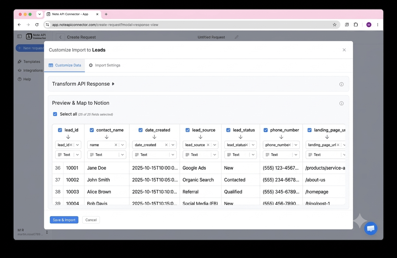 Choose your data and map fields - Note API Connector screenshot