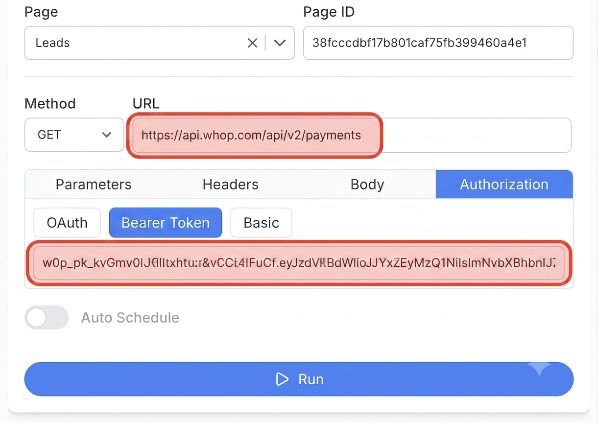Get your Whop API key and connect - Note API Connector screenshot