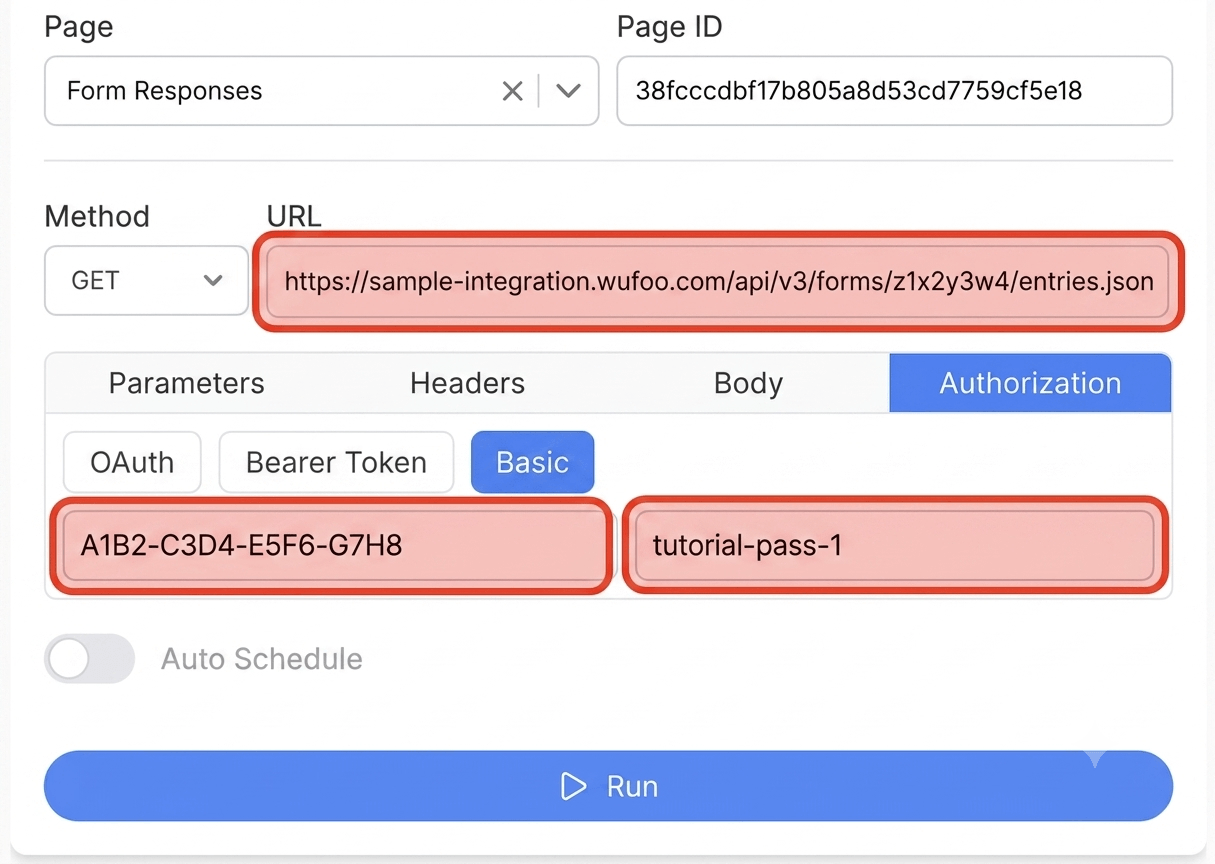 Get your Wufoo API key and connect - Note API Connector screenshot