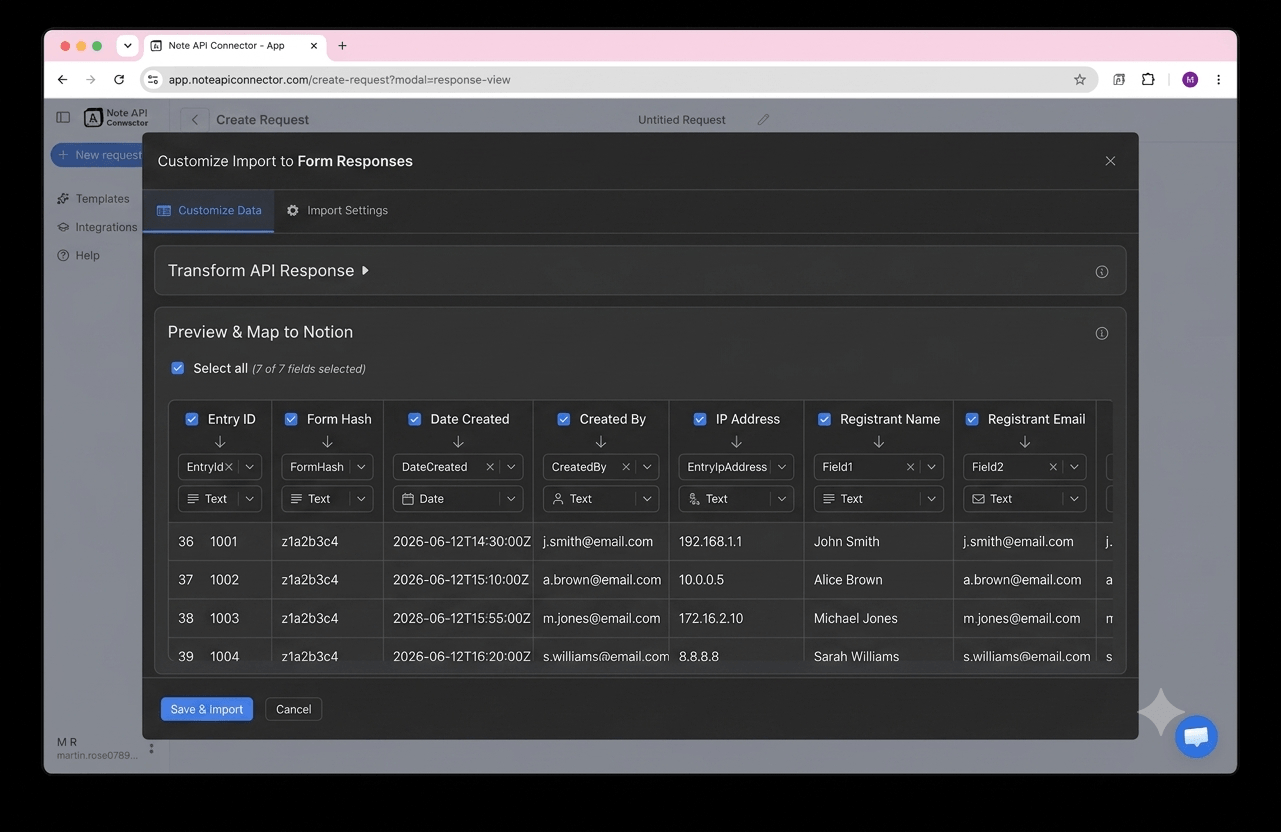 Choose your data and map fields - Note API Connector screenshot