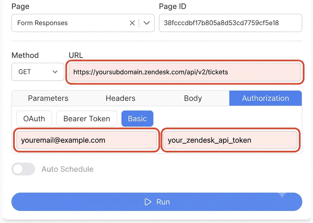 Get your Zendesk API token and create your request - Note API Connector screenshot