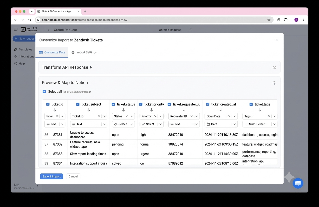 Choose your data and map fields - Note API Connector screenshot