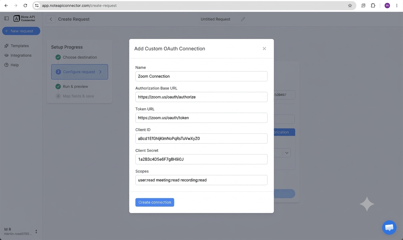 Create a Zoom OAuth app and connect via OAuth - Note API Connector screenshot