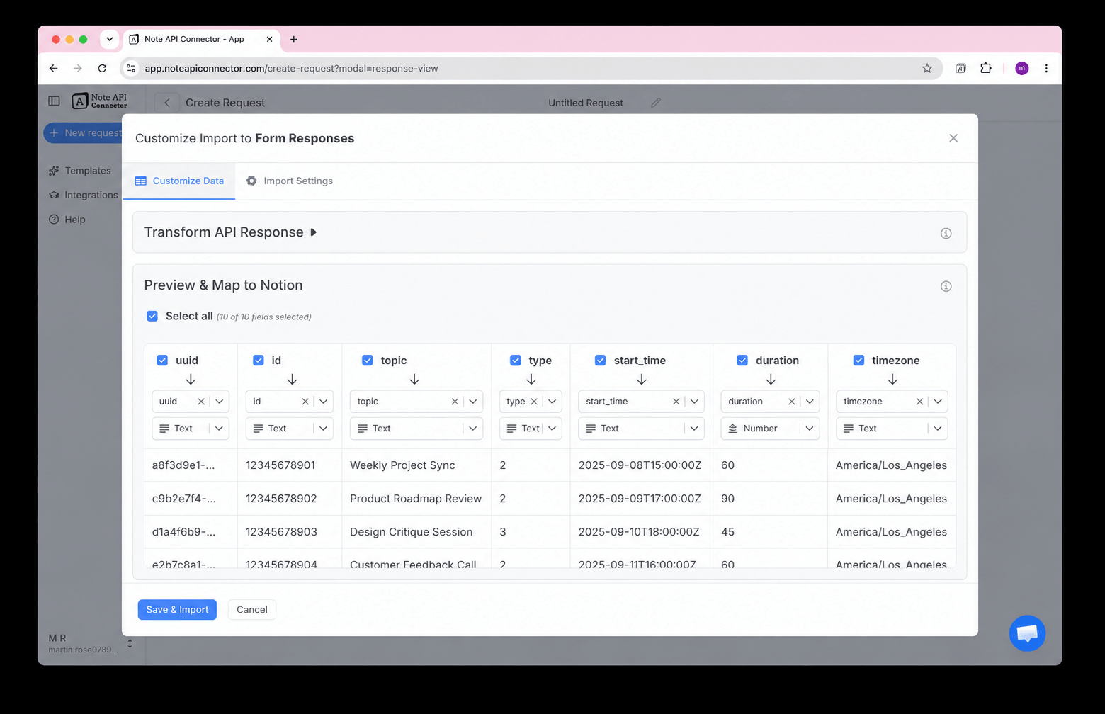 Choose your data and map fields - Note API Connector screenshot