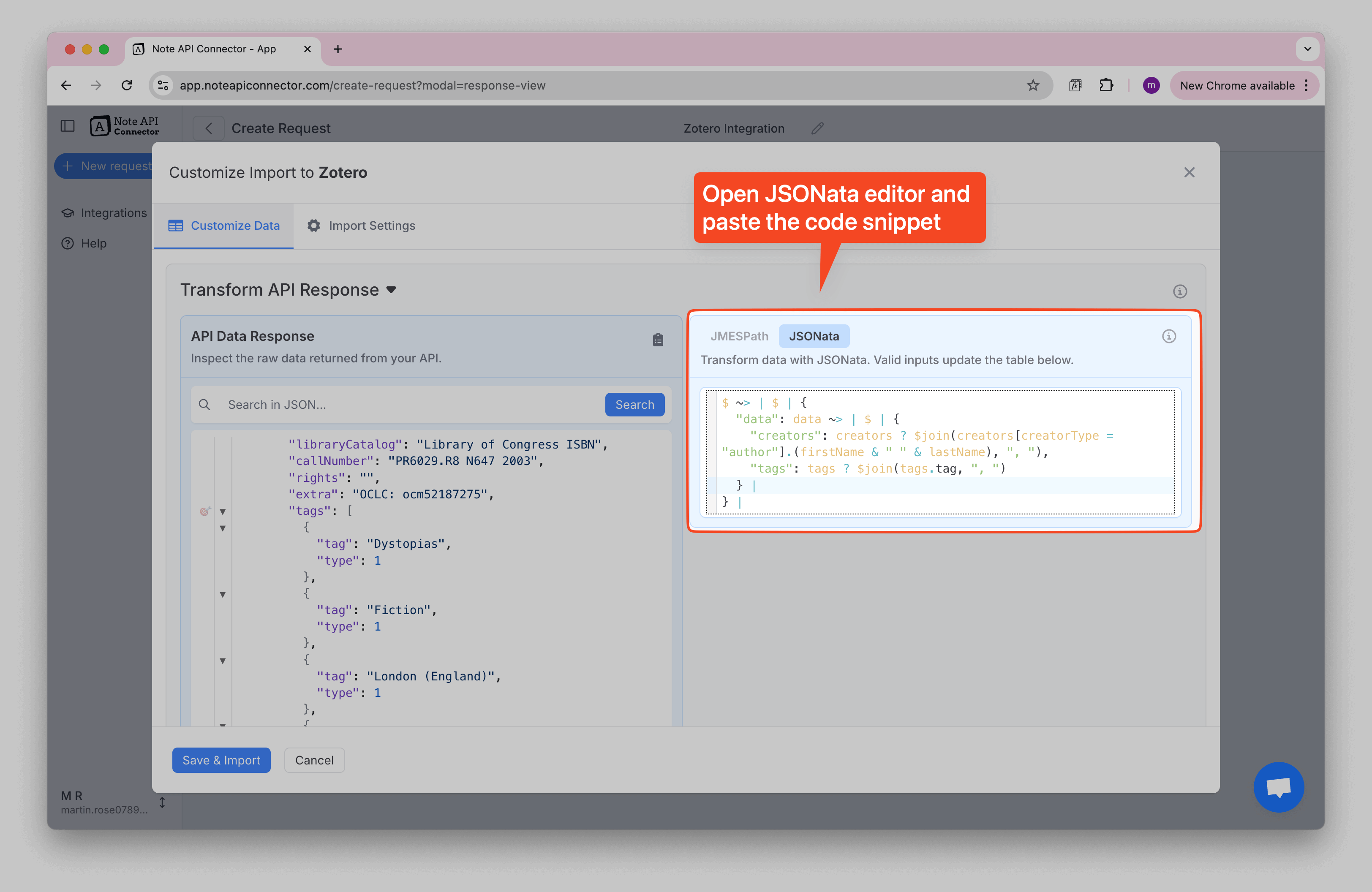 JSONata editor open with a field to paste the formatting expression