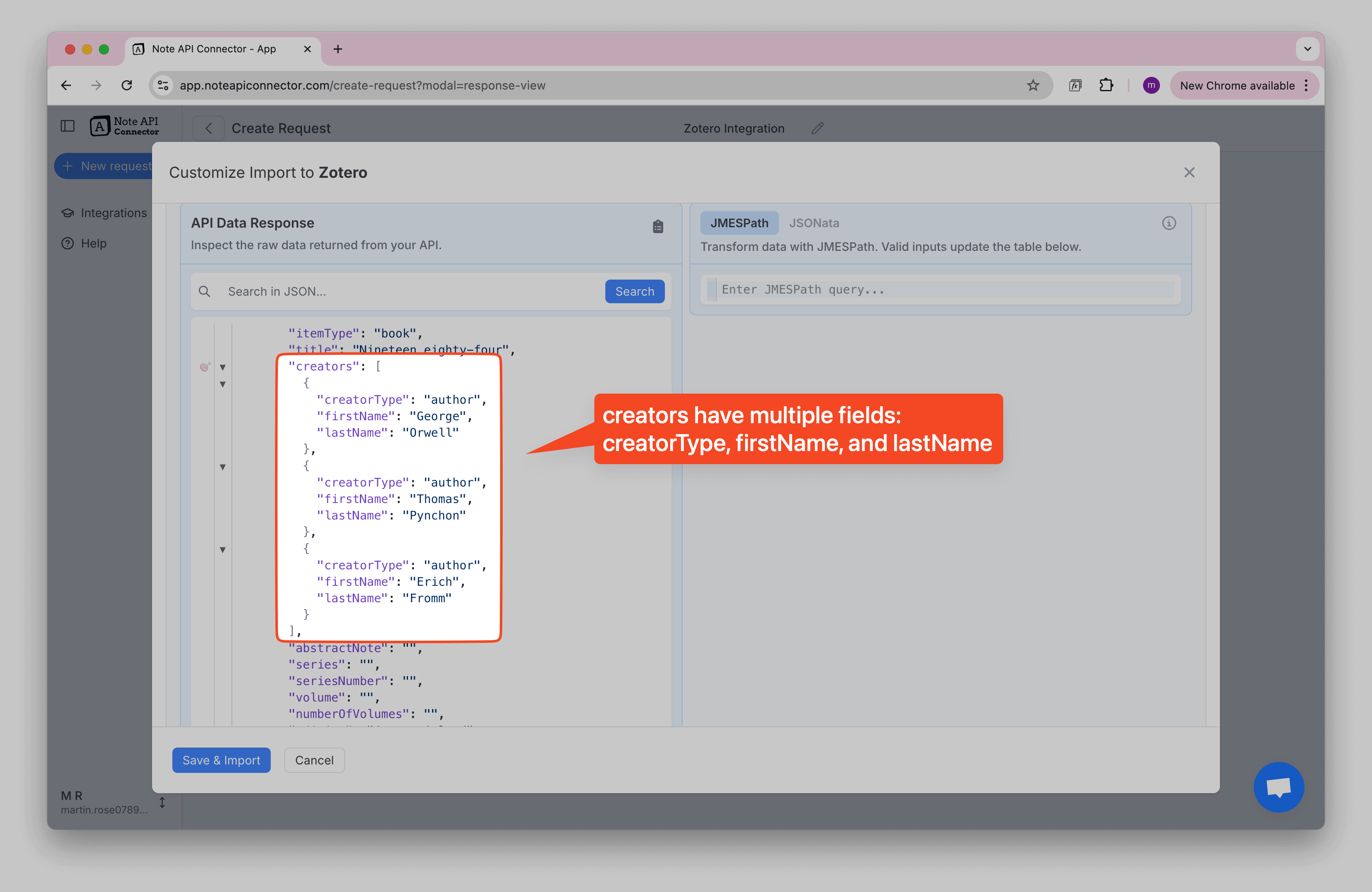 API Data Response shows authors as objects with first_name and last_name