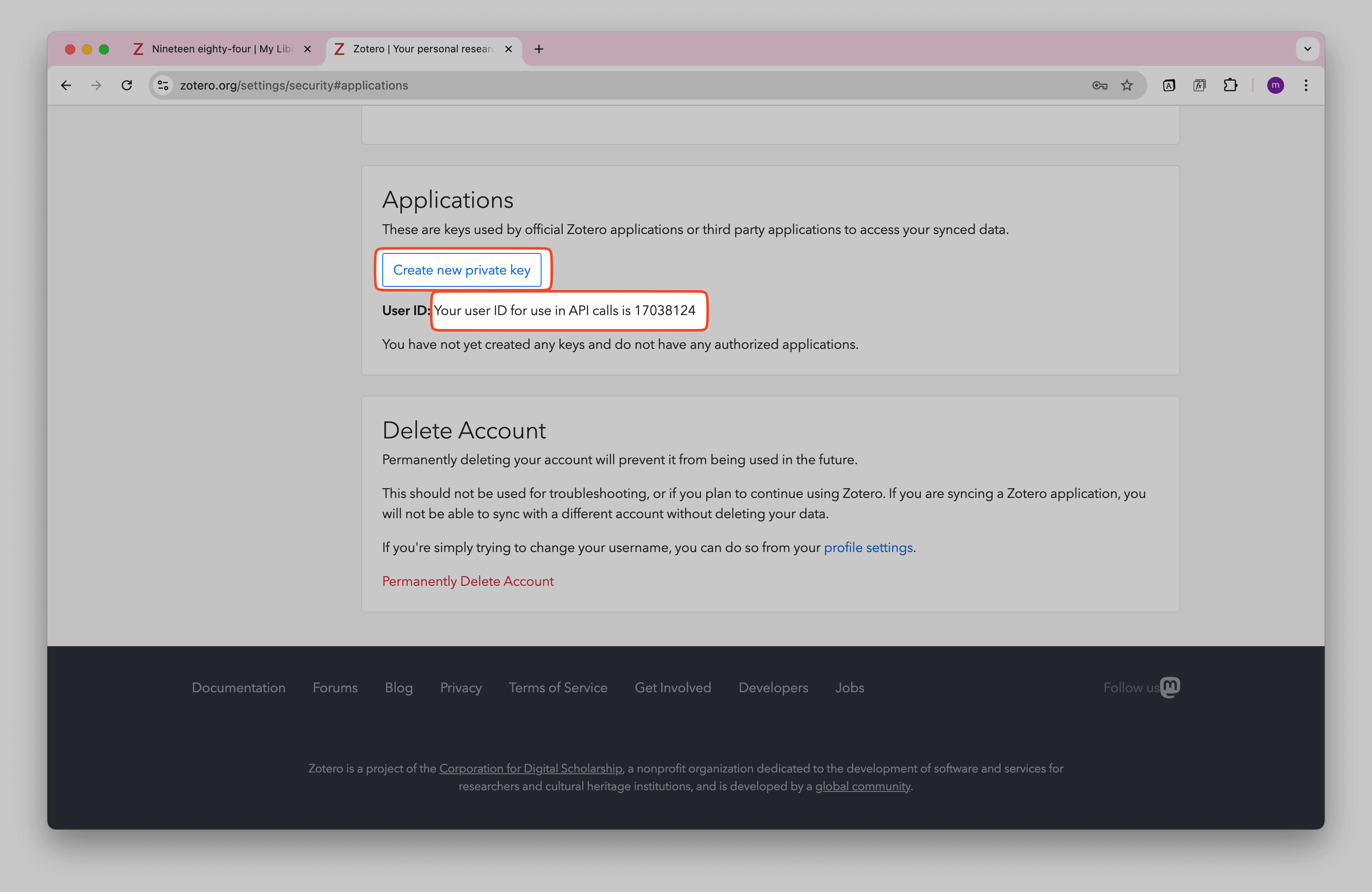 Zotero Create API Key Zotero Create API Key