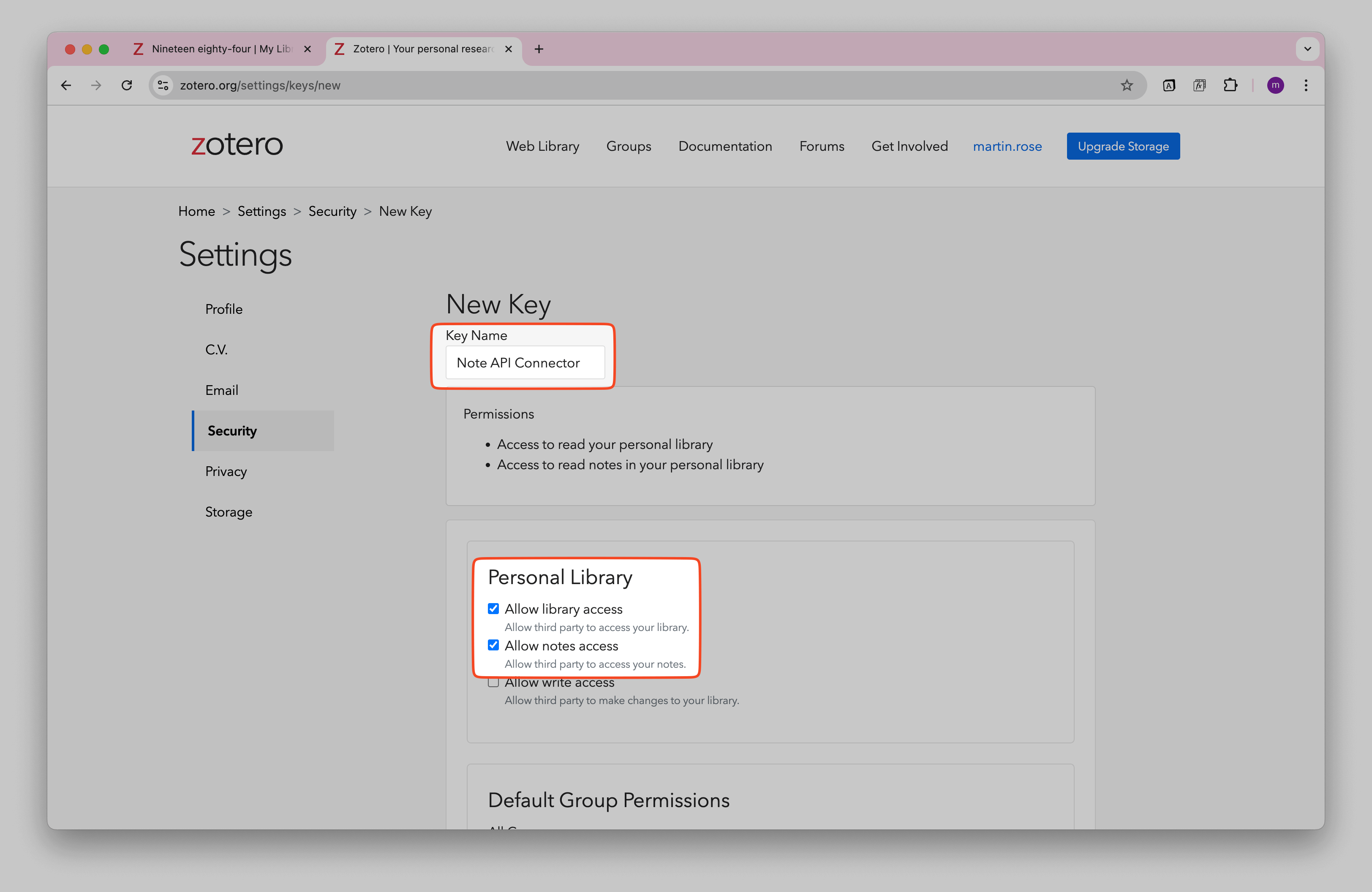 Zotero New API Key Settings Zotero New API Key Settings